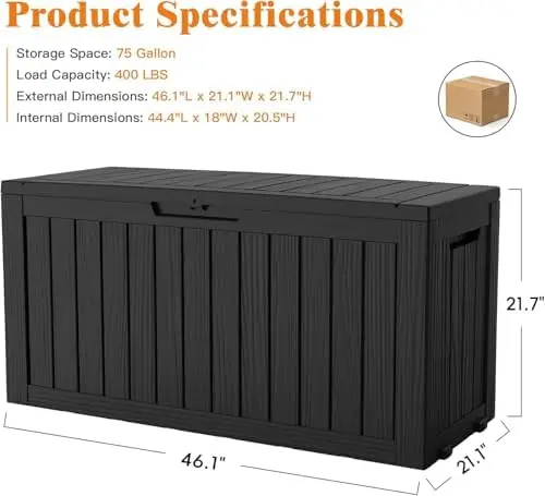 Outdoor Storage Box, 75 Gallon Waterproof Deck Boxes, Resin, Lockable Pool Deck Box for Garden Tools, Patio,Pool view 6