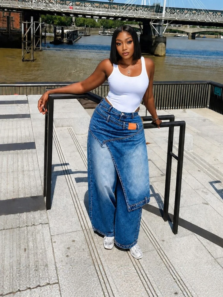 JENYAGE Damen Trendige Einzigartige Asymmetrische Wickel-Jeans mit Hoher Taille und Weitem Bein, Dekorative Riemen, Streetwear Baggy Hosen – Detail 3