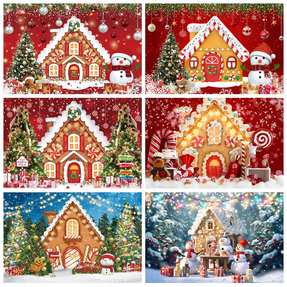 

Merry Christmas Backdrop Gingerbread House Xmas Tree Gifts Candy Winter Family Baby Portrait Photography Background Photo Studio