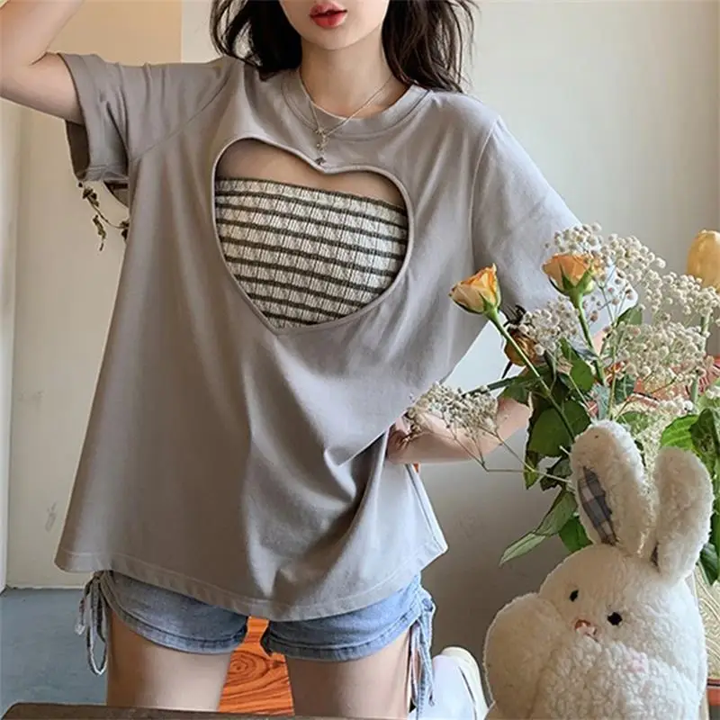 Love Hollow Out T Shirts Women Casual Oversize Solid Color Tshirts Aesthetic Y2k Clothes Short Sleeve Tee Tops Summer