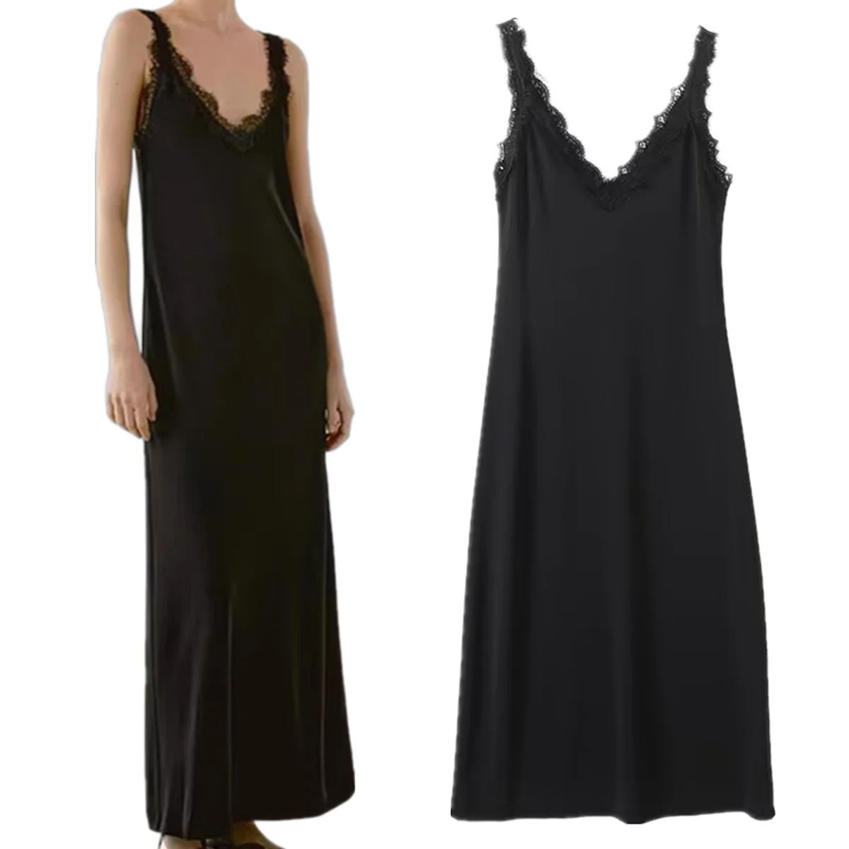 

Maxdutti French Elegant Lace Stitching Sleeveless Dress Evening Dress Minimalist Black Summer Vacation Long Dress Female