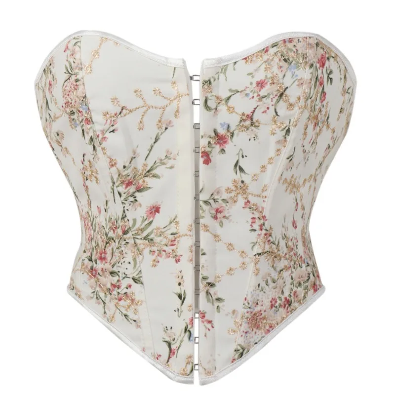 Women Floral Print Underbust Corset Strapless Boned Waist Cincher Lace‑Up Back Short Waist Trainer Vintage Shapewear Top