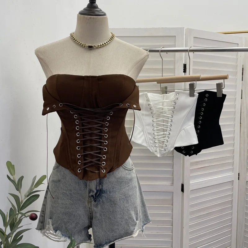 Y2K Spicy Girl Boned Tube Top With Chest Pads Anti Slip Strapless Bustier Tie Up Slim Short Sleeveless Crop Camisole2885