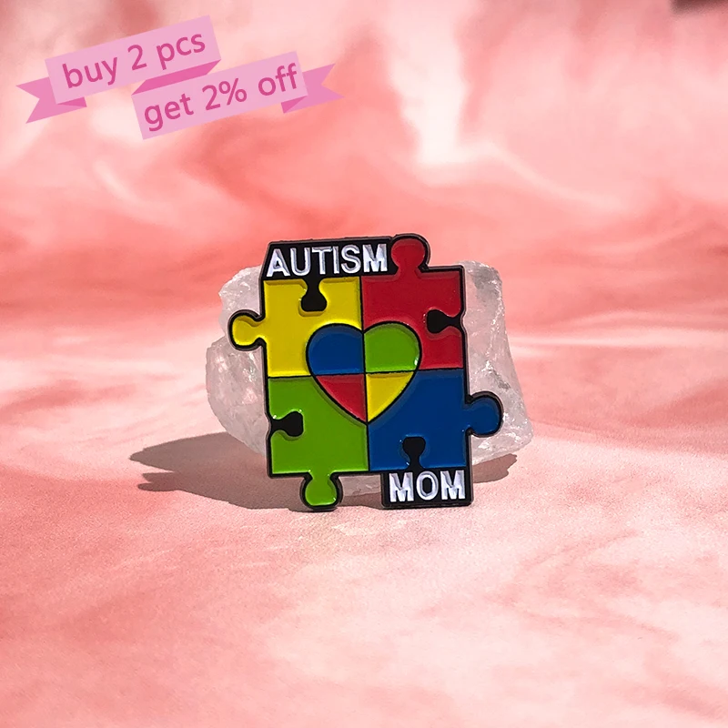 Autism Mom Enamel Pin Rainbow Puzzle Pieces Brooches Lapel Badges Autistic Kids Awareness Jewelry Gift for Friends