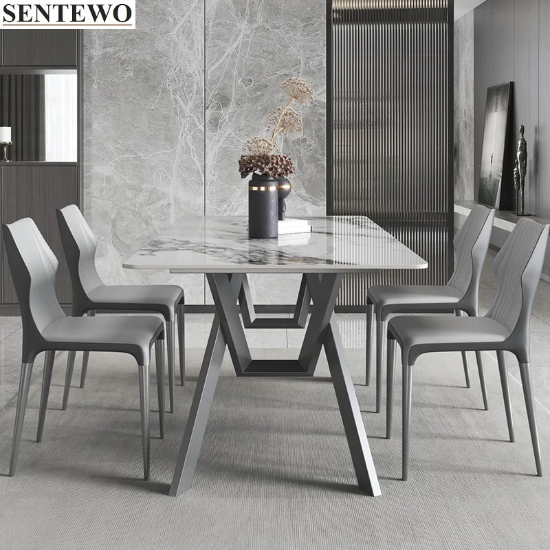 Luxury Rock Slab Dining Tables Dinner Chair Set Stainless Steel Titanium Grey Base Faux Marble Tables Furniture обеденные столы