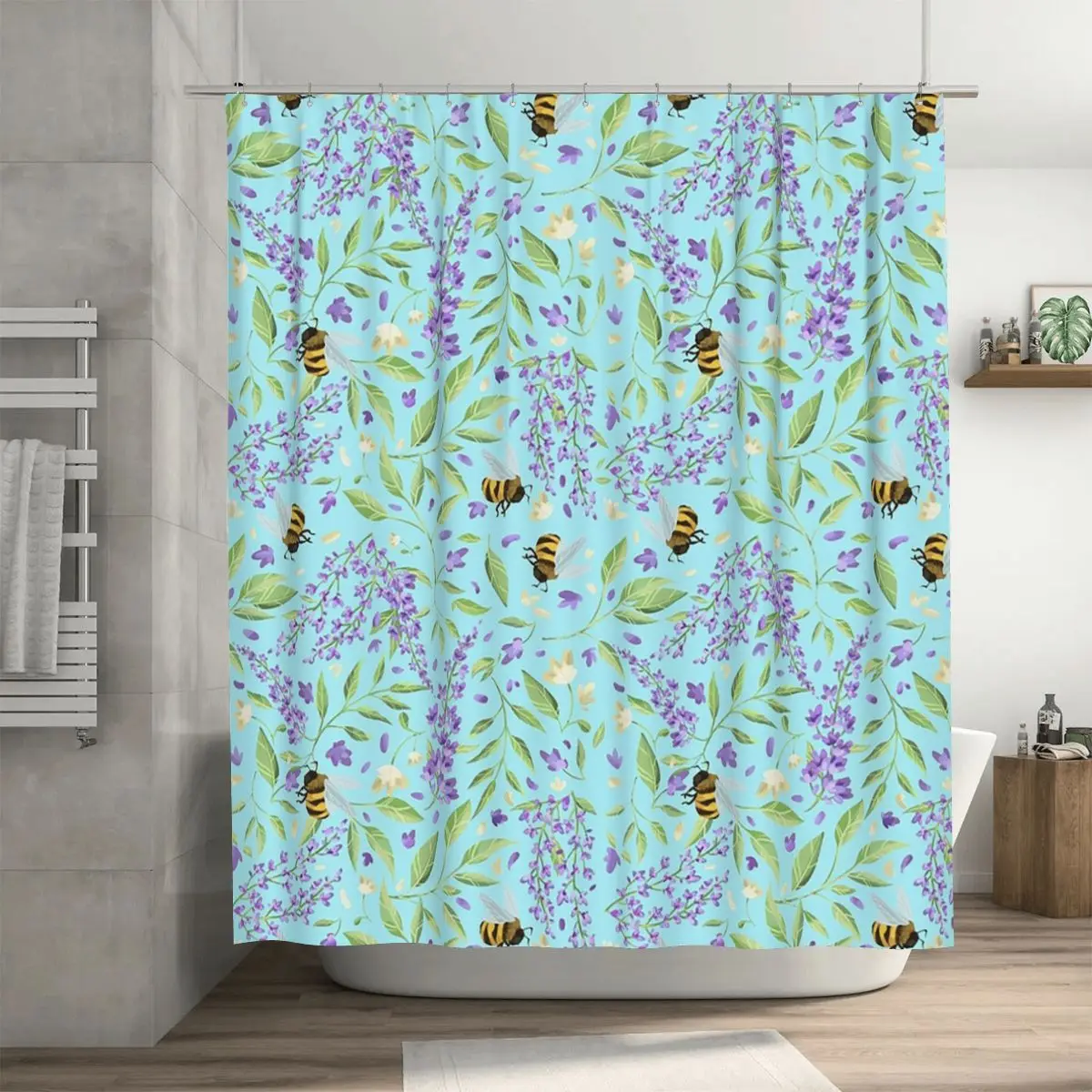 

Bees And Wisteria Shower Curtain Bathroom Polyester Waterproof Bath Curtains with Hooks