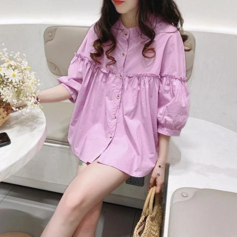 Spring Autumn Fashion Solid Color Stand Women\'s Clothing Blouses Pleated Edible Tree Fungus Bishop Sleeve Loose Chic Baby Shirt