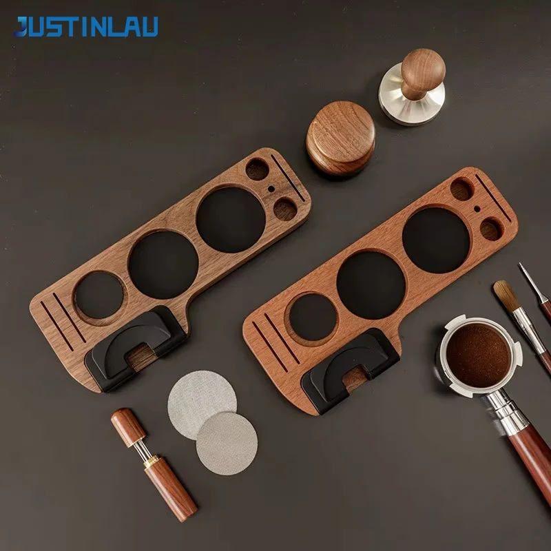 JUSTINLAU 51-58mm Kaffee-Tamper-Matte Station Ständer Portafilter-Halter Stützsockel Walnussholz Kaffee-Hebel-Werkzeug-Organizer