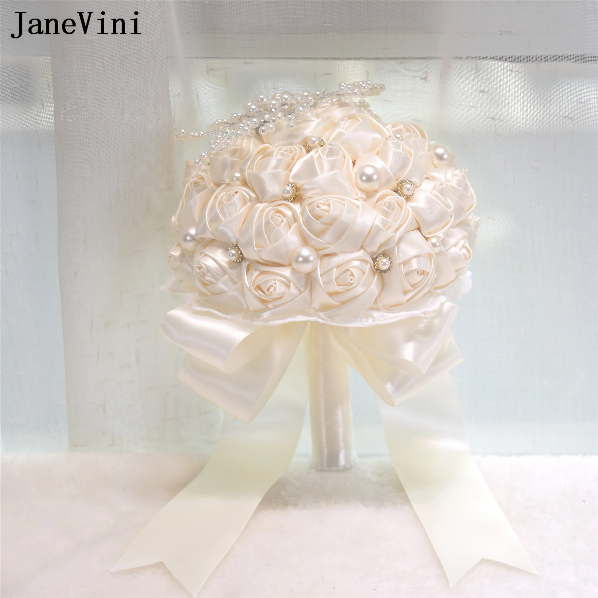 JaneVini-Bouquets de Demoiselles d'Honneur en Satin Artificiel, Coréen, Ivoire, avec Perles, Accessoires de Mariage