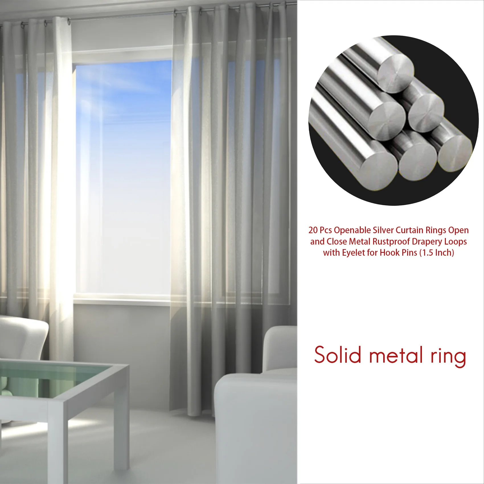 20 Pcs Openable Silver Curtain Rings Open and Close Metal Rustproof Drapery Loops with Eyelet for Hook Pins (1.5 Inch)
