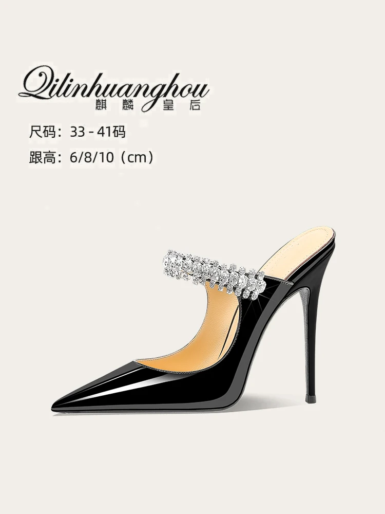 

2025 Summer M ü ller Slippers with a premium feel, worn in black patent leather, Mary Jane rhinestone high-heeled sandals