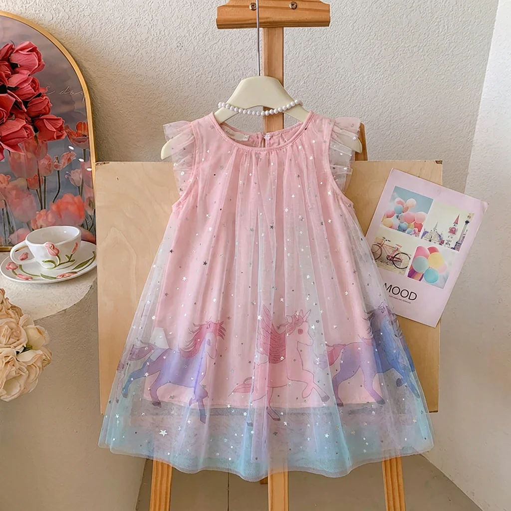 Pink 3-7-year-old Girls' Birthday Party Dresses Round Neck Sleeveless Mesh Sequin Flying Ponytail Print Dress