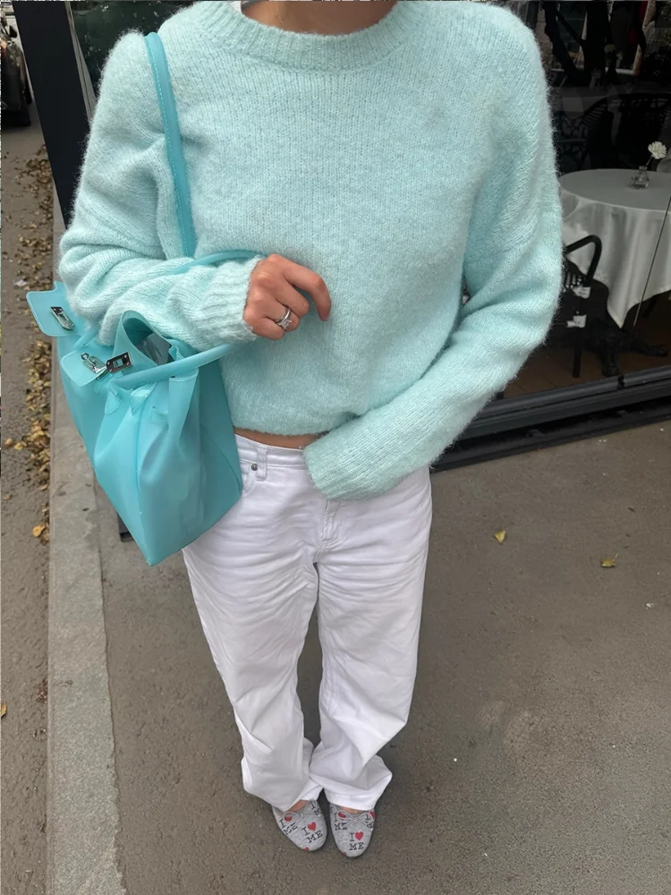Women Solid Color Fuzzy Basic Sweaters Chic Minimalist Versatile Loose Soft Warm Pullovers Fall Daily Street Casual Jumpers 2026
