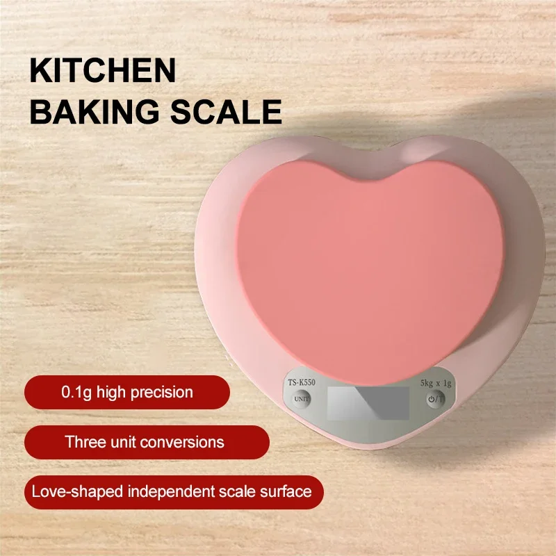 Balance de cuisine multi-fonction rose en forme de cœur portable à haute précision 5kg/1g 2kg/0.1g Balance électronique à a