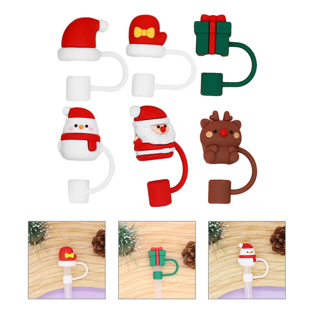 

6pcs Christmas Toppers Cute Silicone Straw Caps Reusable Drinking Straw Tips For Tumblers Party Picnic Decor Kitchen Bar