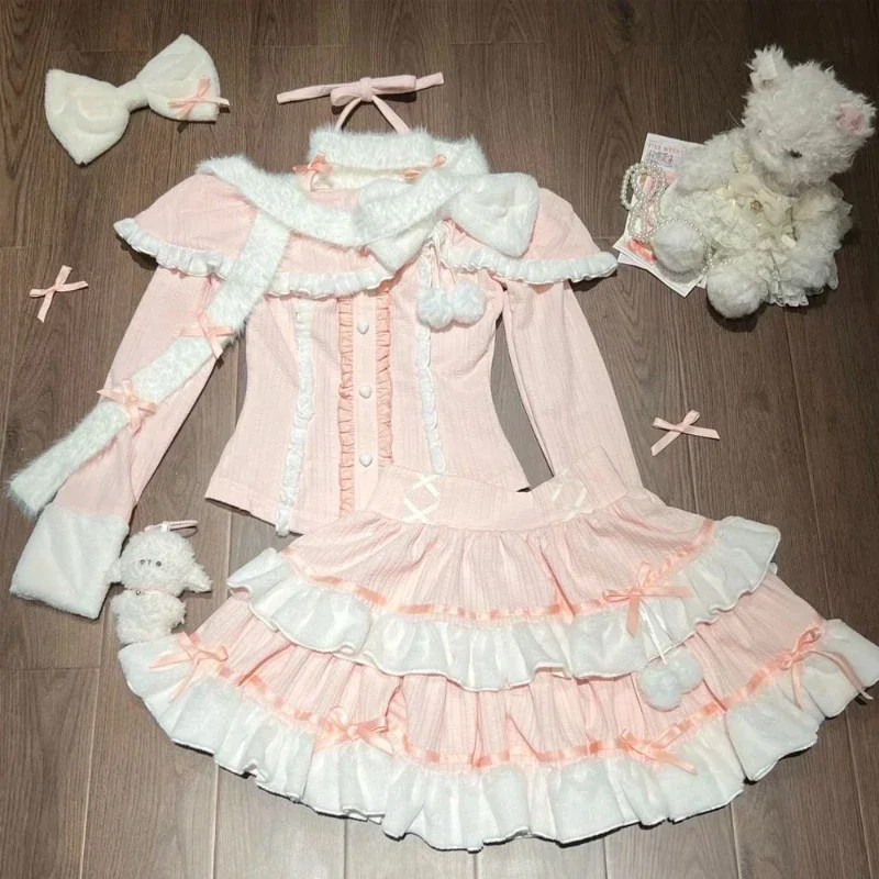 Japanese Kawaii 2 Piece Skirt Set Women Cute Long Sleeve Solid Y2k Blouse + Sweet Mini Skirt 2000s Vintage Lolita Suits Spring