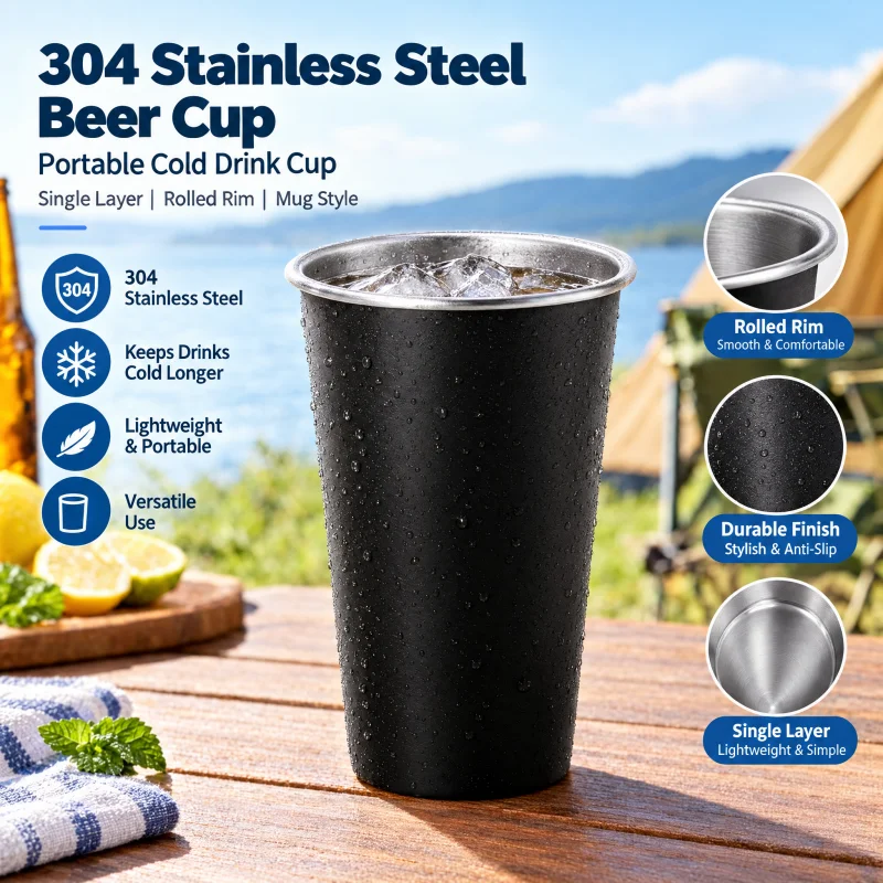 500ml Stainless Steel Beer Cup Shatterproof Drinking Cups Metal Drinking Glasses Portable Single-layer Rolled Edge Picnic Mugs
