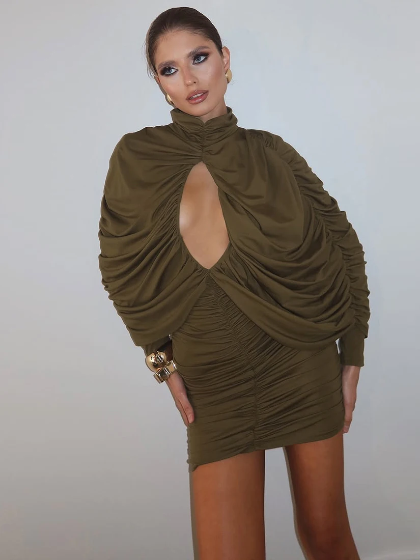 WEIRD PUSS col haut Long Sve évider plissé Dr femme coupe ajustée jupe Sli décontracté Polyester mélange Dr