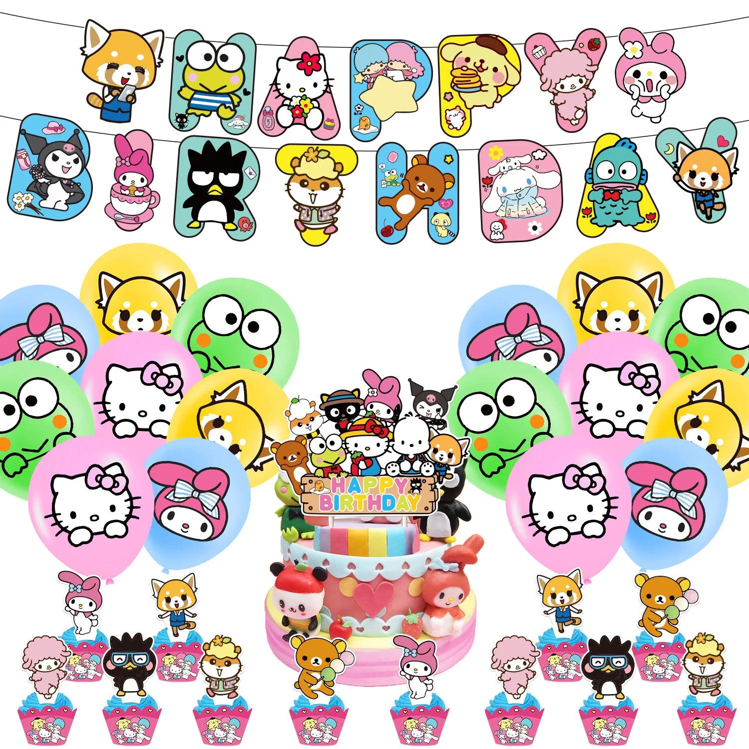 Sanrio Theme Hello Kitty Kuromi Cinnamoroll Birthday Party Decoration Kawaii Party Supplies Banner Balloons Birthday Gift