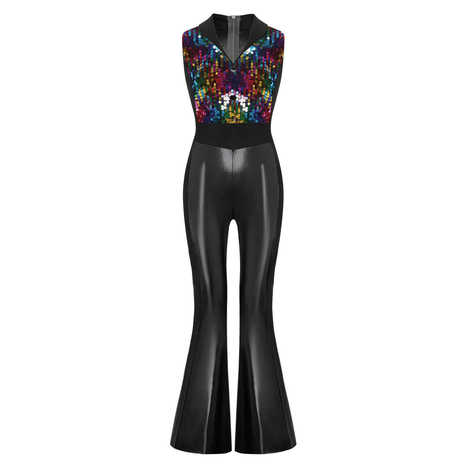 Kids Girls Lapel Sequined Bell Bottom Jazz Dance Party Costume 70s Disco Outfit Flared Jumpsuit Metallic Shiny Rompers Bodysuit view 5