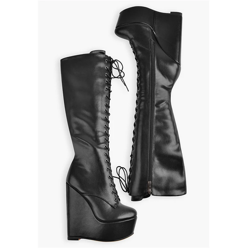 Onlymaker Women Platform Wedge Heels Knee High Boots Lace Up Side Zip Heeled Plus Size Black Handmade Boots