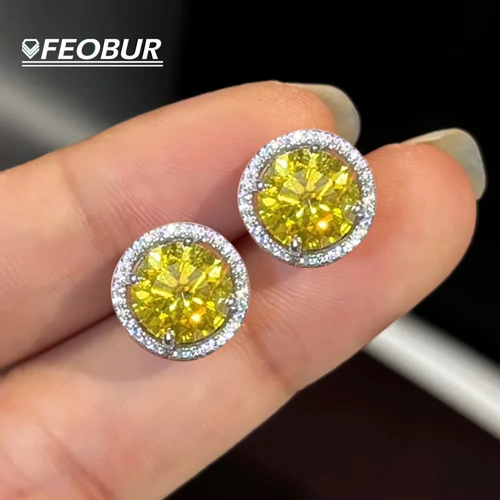 

FEOBUR 3/5carat Yellow Moissanite Halo Earrings for Women 925 Sterling Silver Brilliant Round Diamond Ear Studs Jewelry Gift