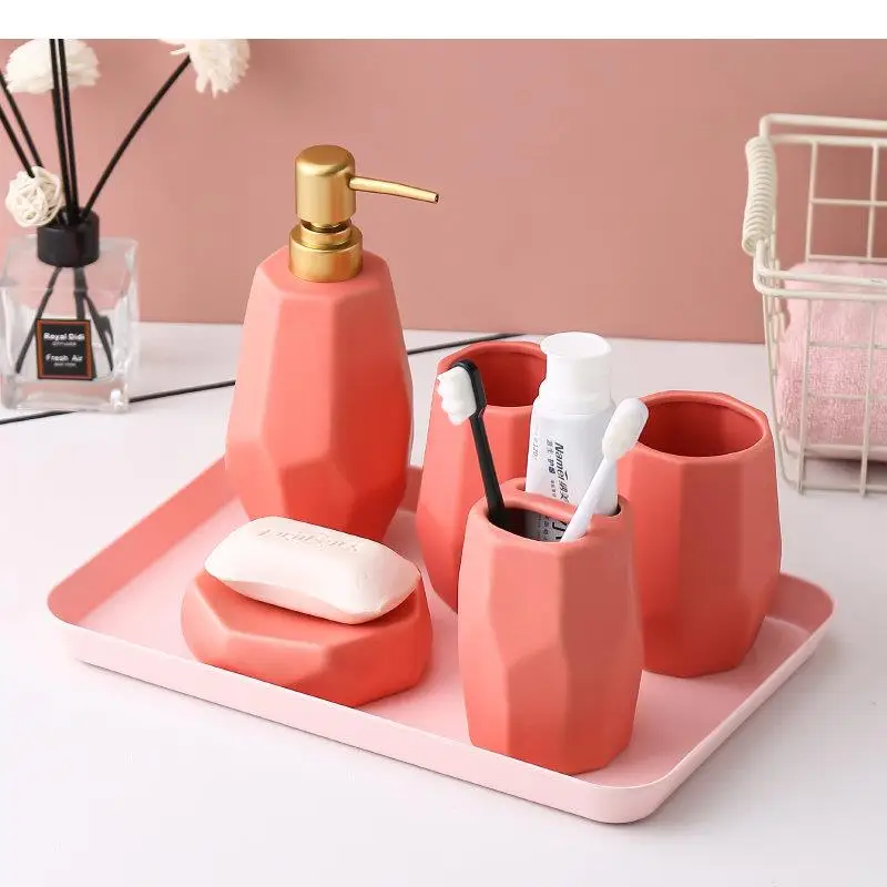 Ceramic Shampoo Body Wash Bottles Soap Dish Toothbrush Holders Home Solid Color Bathroom Set Mouthwash Cups Bathroom Accessories