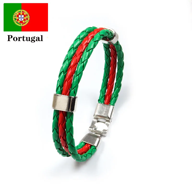 Stainless Steel Woven National Flag PU Leather Bracelet Football Worldwide Country Bracelet Spain France Italy Colombia Bracelet