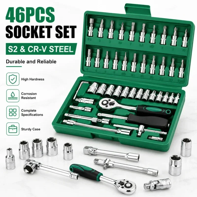

46 Pcs Professional Ratchet Set Car Repair Kit Green Toolbox Auto Maintenance Essentials Mechanic Tool Set