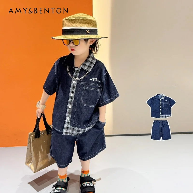 

2026 New Summer Boys 2Pcs Outfit Plaid Spliced Denim Short Sleeve Shirt Matching Denim Shorts Cool Kids Casual Two Piece Set