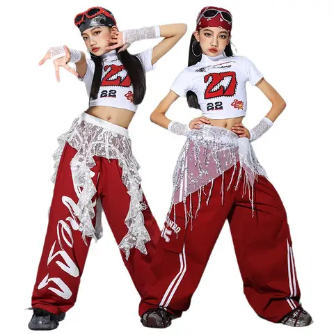 Red Jazz Dance Performance Suit for Girls Children's Street Dance Clothing Trendy Performance Outfit Ow Ensemble Set