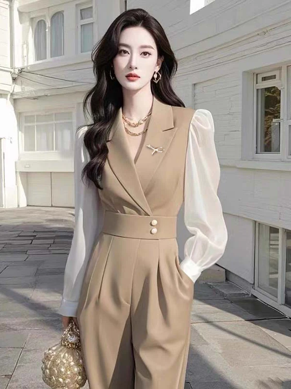 Ele Godd Sle – combinaison à jambes larges avec col de costume, pantalon Long taille haute en Fiber de Polyester, assorti avec tout, nouvelle collection automne 2025