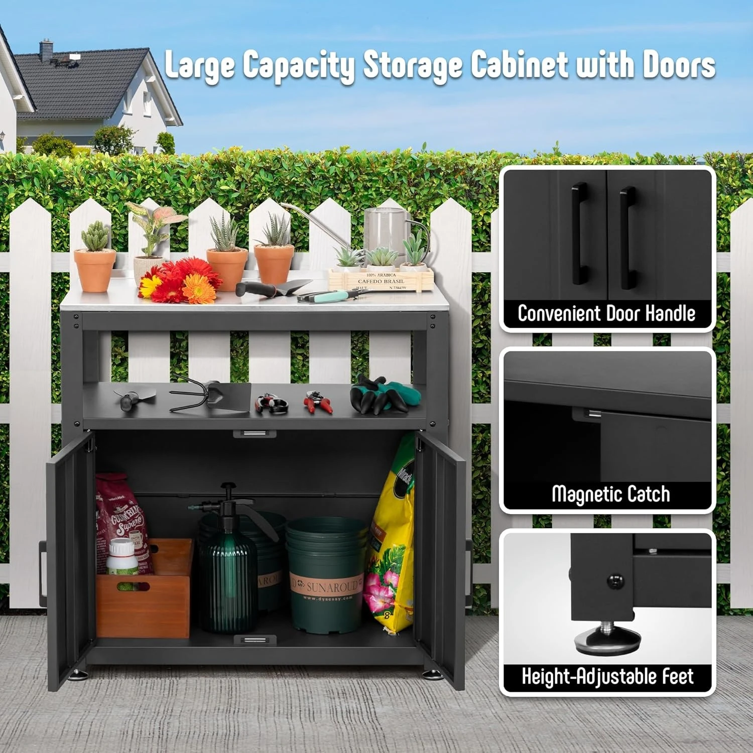 مقعد تثبيت الحديقة مع خزانة تخزين، طاولة البستنة الخارجية ومقعد العمل للنباتات والبستنة