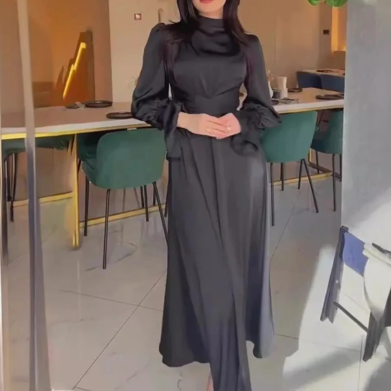 2025 ฤดูใบไม้ร่วงซาตินผู้หญิงชุดยาวสีดําชุดราตรี Lace Up โคมไฟ Elegant หญิงใหม่แฟชั่นพรรค Vestidos สุภาพสตรี