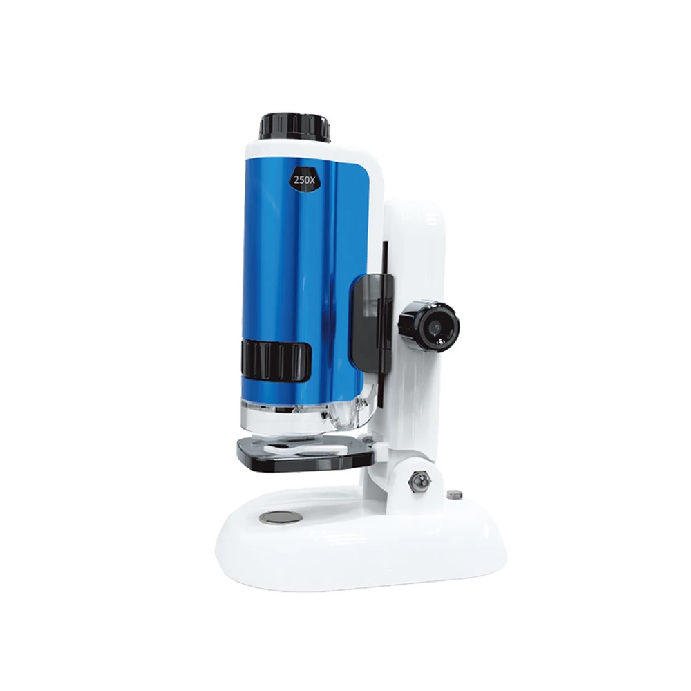 SCIENCE HORSE 250x Handheld draagbare zakmicroscoop Alloy Edition, metalen schokbestendige opvouwbare standaard, wetenschappelijk educatief speelgoed