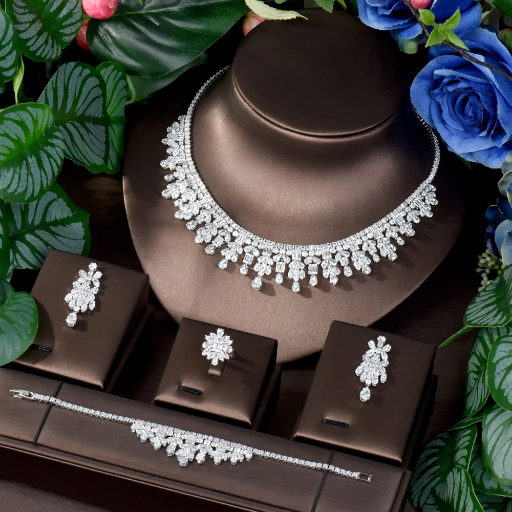 

HIBRIDE 4Pcs Brilliant Dubai CZ Heave Stone Work Big Luxury Dinner Party Wedding Bridal Jewelry Sets For Women N-1714