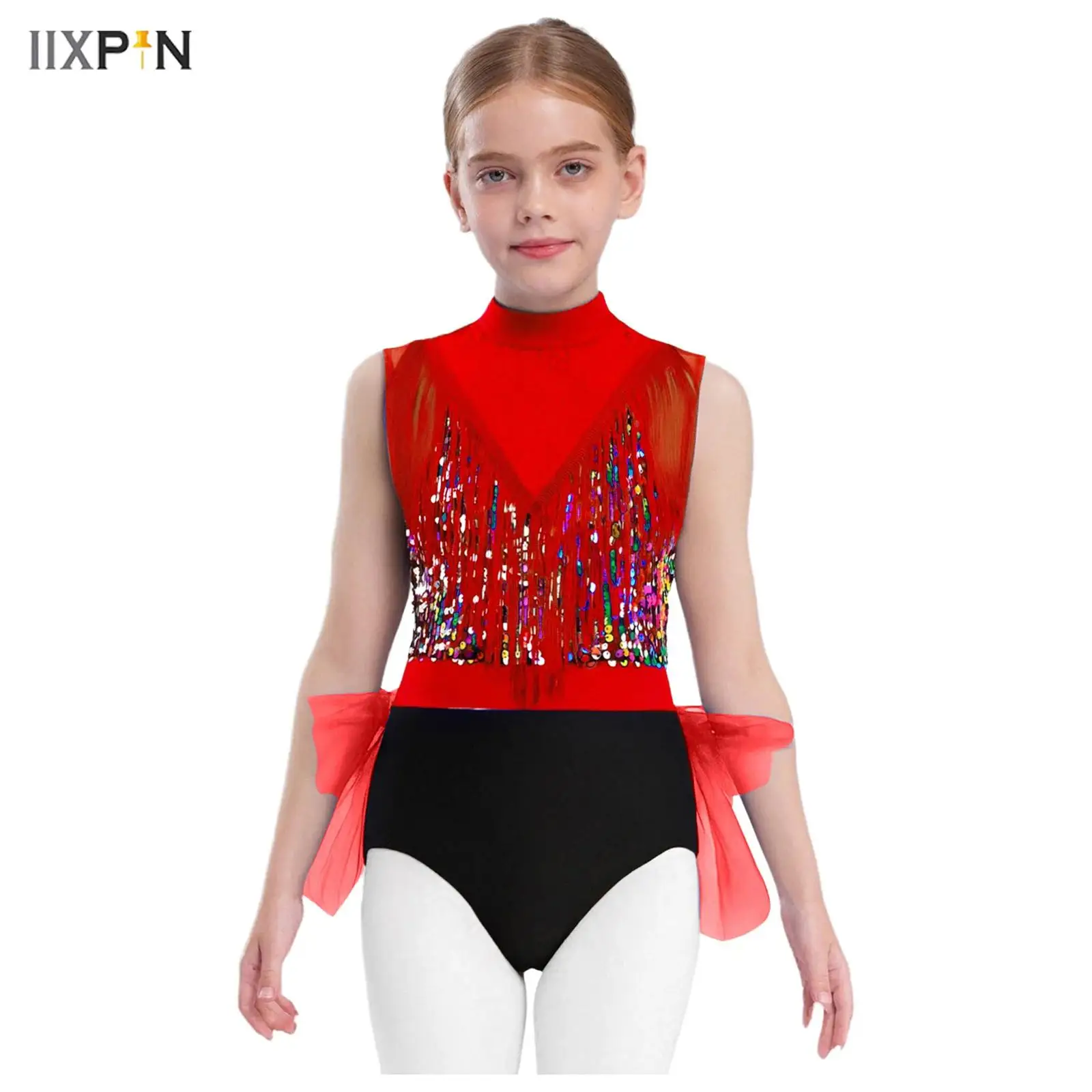 

Kids Girls Latin Jazz Dance Bodysuit Stage Performance Costume Sleeveless Cutout Back Tassels Shiny Sequins Color Block Leotard