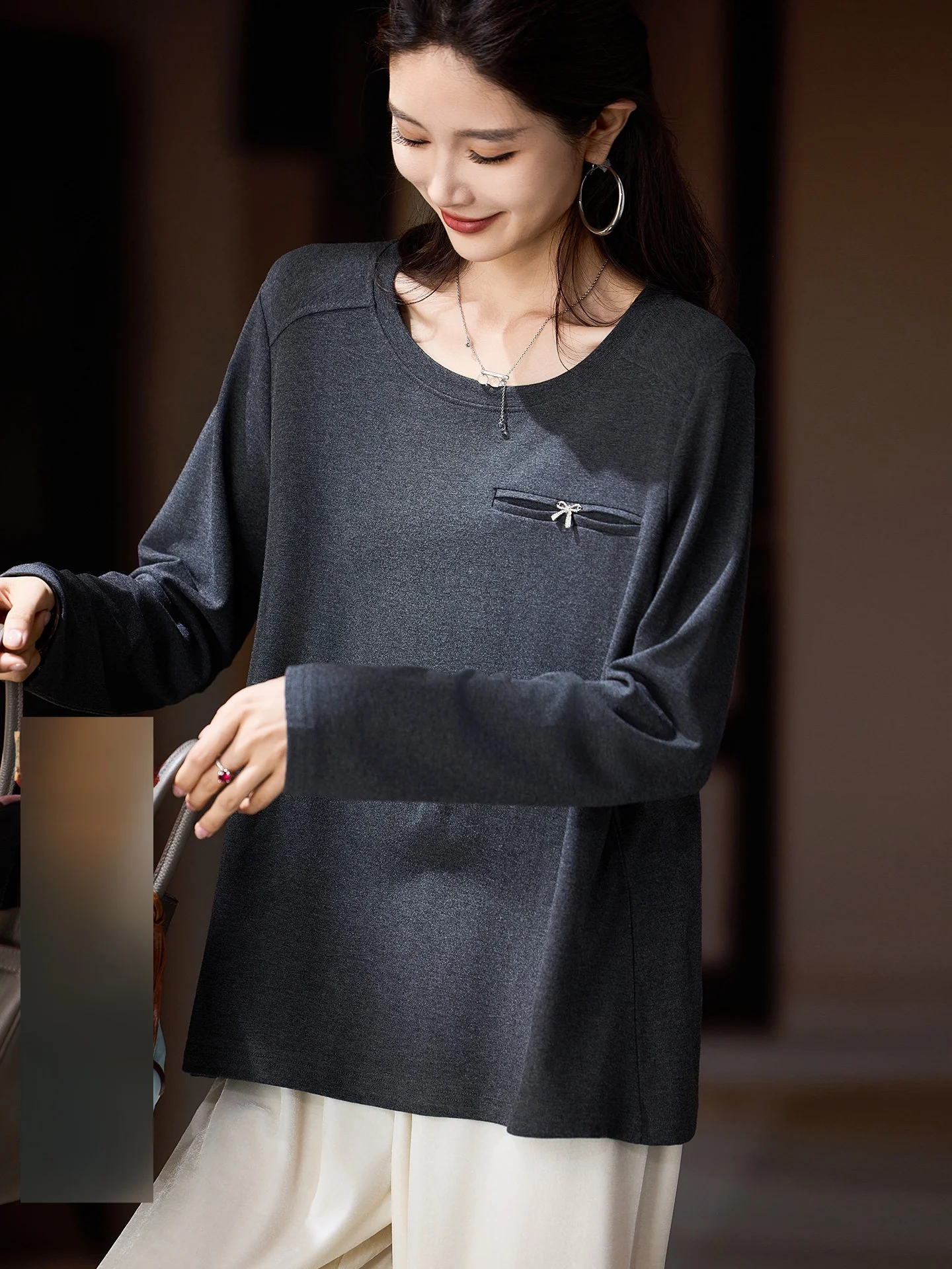 

Эластичный вязаный топ с узлом, женский, больших размеров, уличный стиль, свободный крой, длинный рукав, круглый вырез, однотонный, повседневный