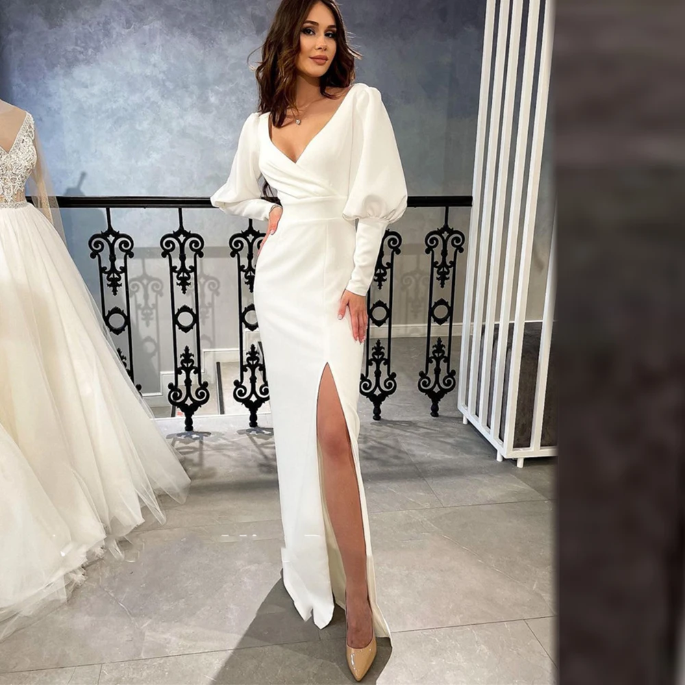 

Simple Long Sleeves Wedding Dresses V Neck Elastic Satin Side Slit Modest Bridal Gowns Customize To Measure For Women Stunning