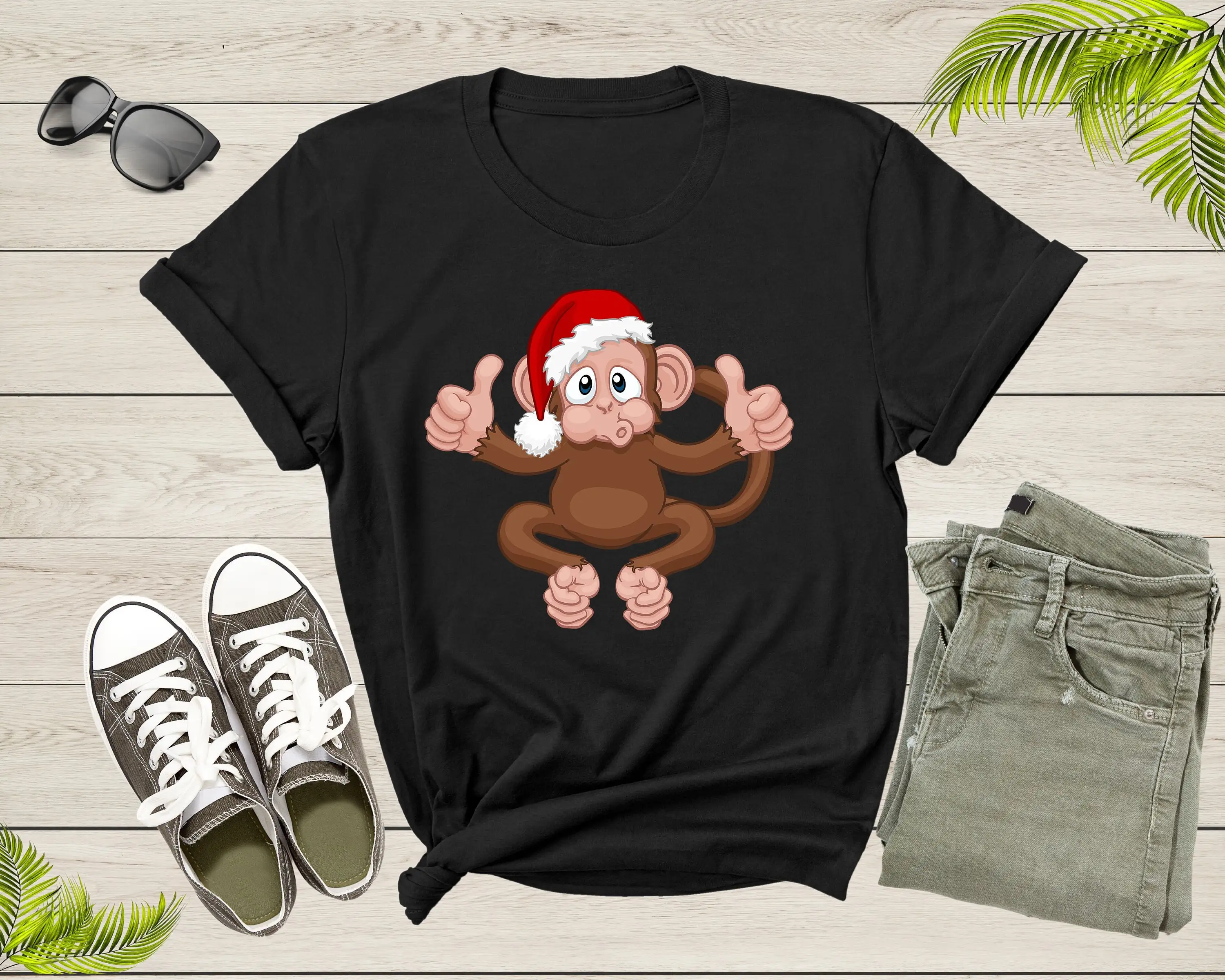 Fun Monkey Wearing Xmas Hat Cute Animal Cartoon Character T Shirt Lover For Kids Boys Girls