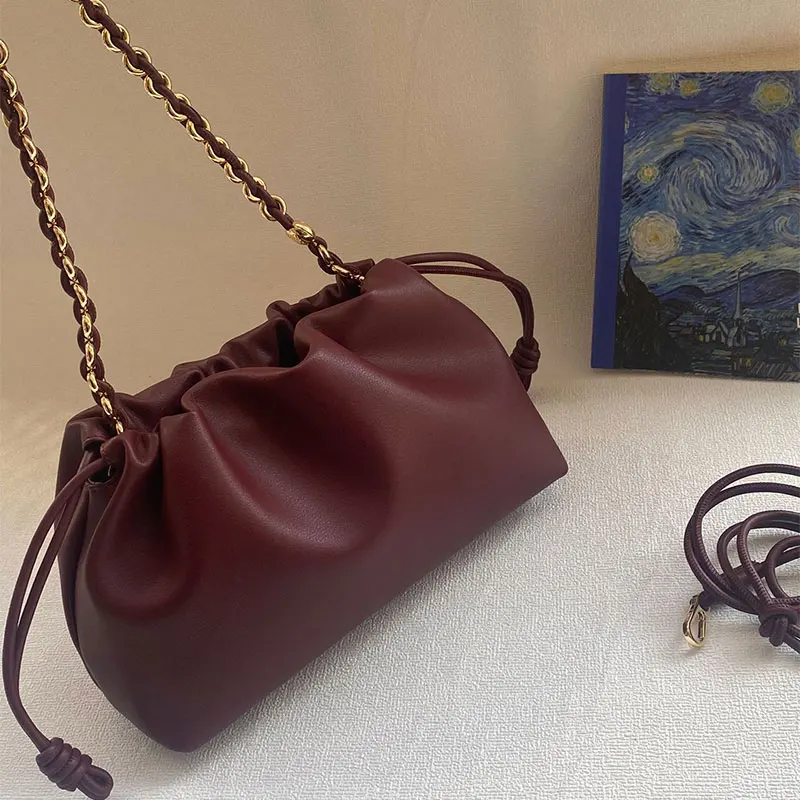 Soft Leather Cloud Bag Fashion Design Pleated Drawstring Dumpling Bag Casual Versatile Shoulder Crossbody Clutch Purse Ladies