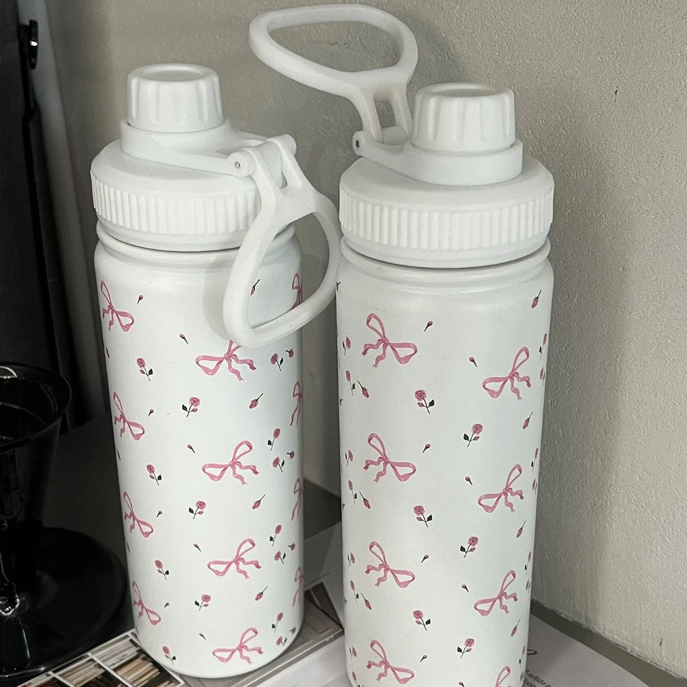 

600ml Bow Insulated Cup Stainless Steel Pink Bow Tumbler Water Bottle for Outdoor School Portable Drinking Coffee Water Bottles