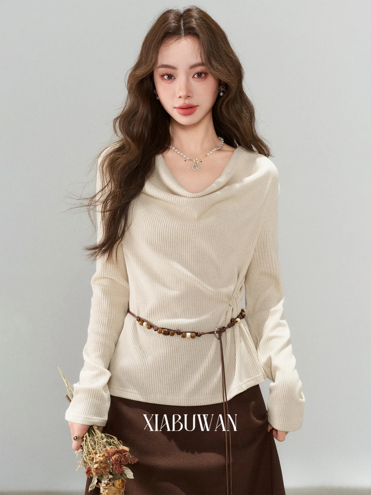 

Chic Knitted Sweater Women's Slimming Waist Design Base Layer Inner Wear Top Korean Sle Faionable Open Ne Design