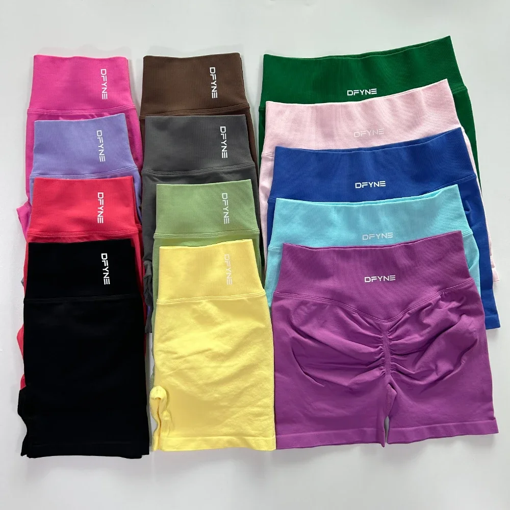 Dfyne-pantalones cortos dinámicos sin costuras para mujer, Shorts de Yoga, banda de cintura alta acanalada, gimnasio, entrenamiento de alta elasticidad, pantalones cortos de motorista