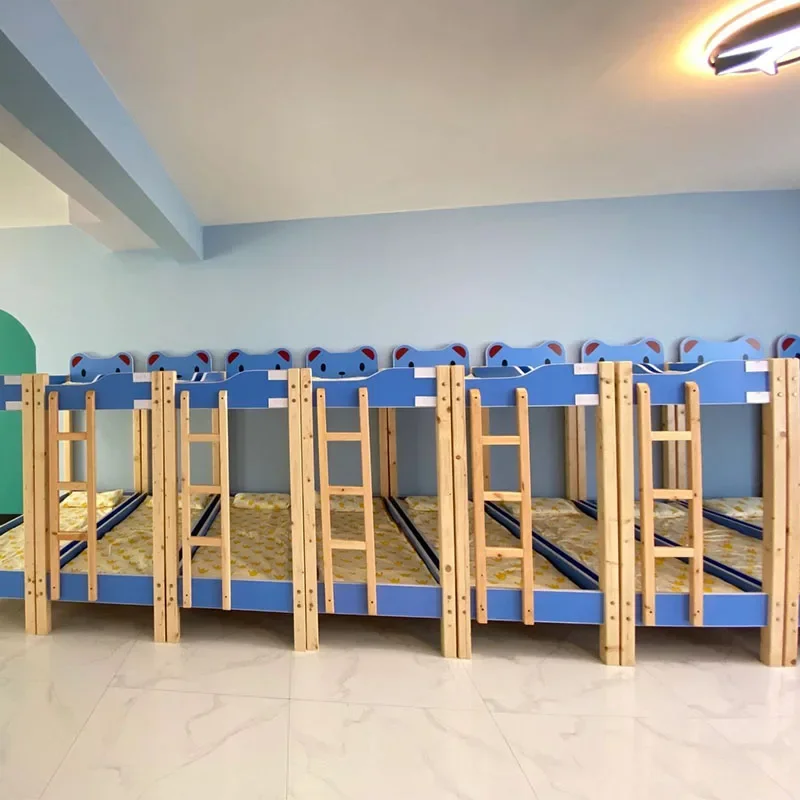 Class Bunk Bed All Solid Wood Kindergarten Lunch Bed Primary School Students Nap Upper and Lower Bunk Height-Adjustable Bed