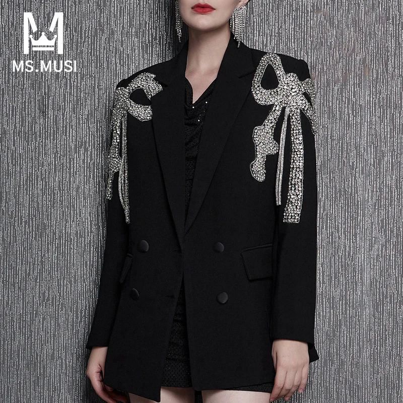 MSMUSI-Blazer à manches longues et col rabattu pour femme, haut court, veste de club de fête, manteau de finition, nœud sexy, perles de cristal, nouvelle mode, 2024