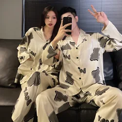 Couple Pajamas Suit Spring Long Sleeve Long Pant Home Cloth Men Ice Silk Thin Large Size Sleepwear Set Women Cardigan Sleepwear