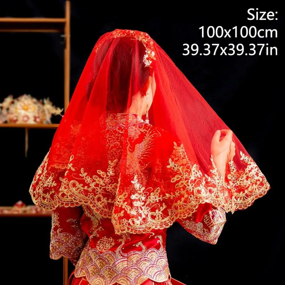 Retro Gauze Gold Embroidery Red Bridal Veil Lace Short Wedding Head Cover Elegant Ancient Xiuhe Dress Veil Proposal image 6