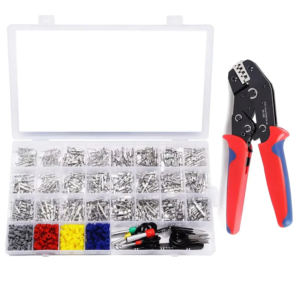 24 types 900PCS automotive pin connector kit 1-3.5mm male and female pins non insulated wire terminal kit. Kit and crimping tool