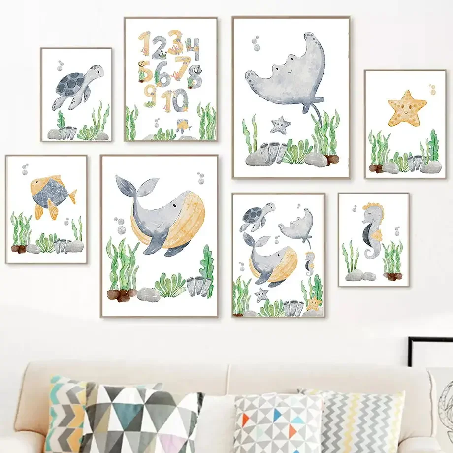 2026 Devilfish Whale Seahorse Turtle Alphabet Ocean Animal Nursery Wall Art Print Canvas  Nordic Posters Baby Kids Room De
